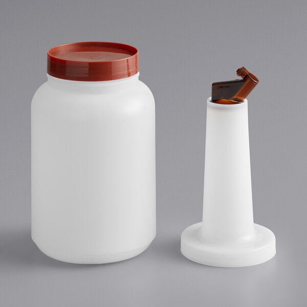 A white plastic pour bottle with a brown flip top and cap.
