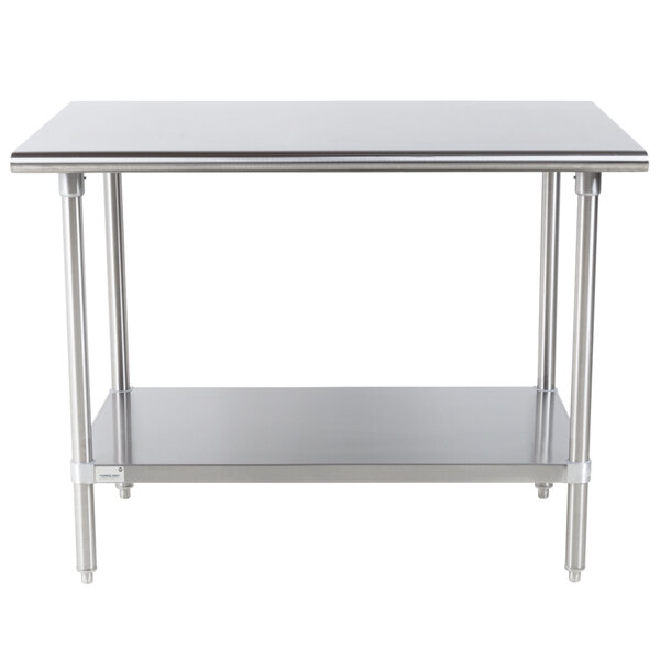 A stainless steel Advance Tabco work table with undershelf.