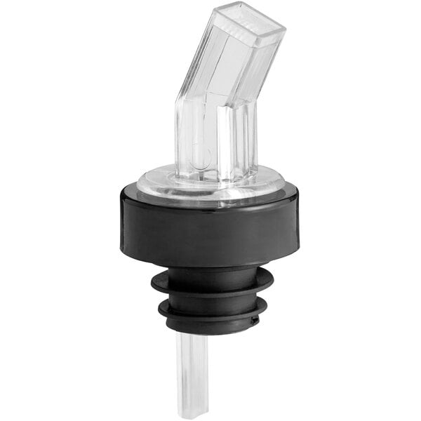 A clear plastic liquor pourer with a black collar.
