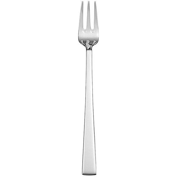 A silver fork with a white background.