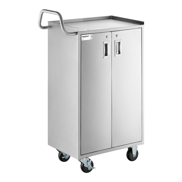 Regency 16" x 24" Five Shelf 18-Gauge 304 Stainless Steel Utility Cart with Enclosed Base and Locking Doors
