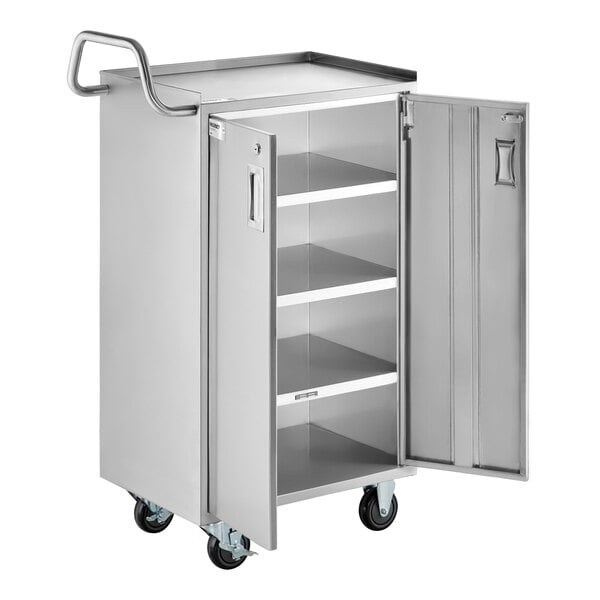 Regency 16" x 24" Five Shelf 18-Gauge 304 Stainless Steel Utility Cart with Enclosed Base and Locking Doors