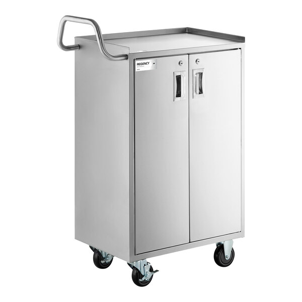 Regency 16" x 24" Four Shelf 18-Gauge 304 Stainless Steel Tall Utility Cart with Enclosed Base and Locking Doors