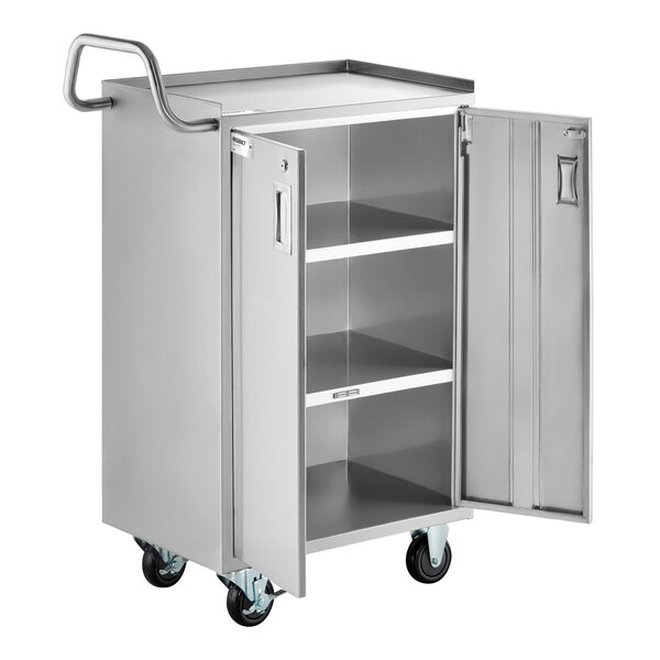 Regency 16" x 24" Four Shelf 18-Gauge 304 Stainless Steel Tall Utility Cart with Enclosed Base and Locking Doors