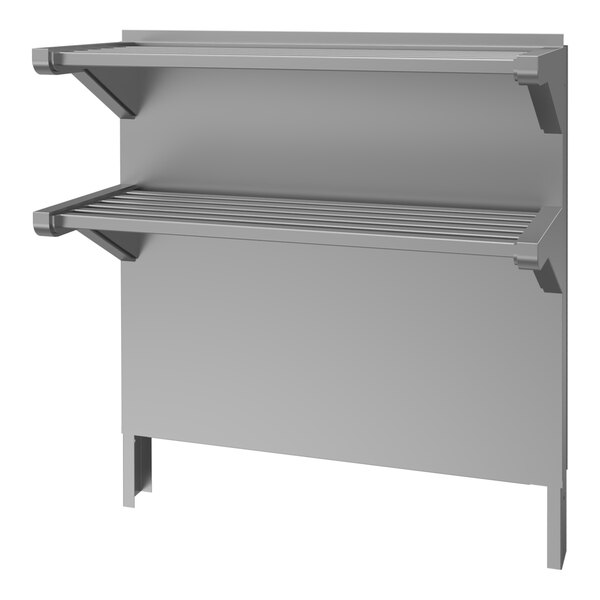 A stainless steel double-deck shelf designed for use with Garland Master Series Ranges.