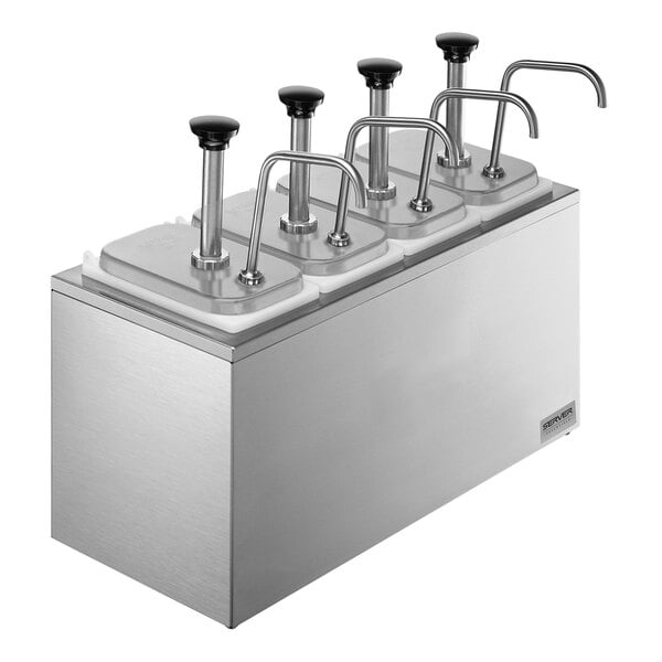 A Server stainless steel countertop pump dispenser with four metal containers and four stainless steel pumps.