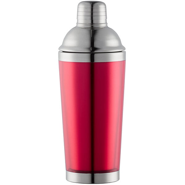 A Franmara red double wall cocktail shaker with a stainless steel lid.