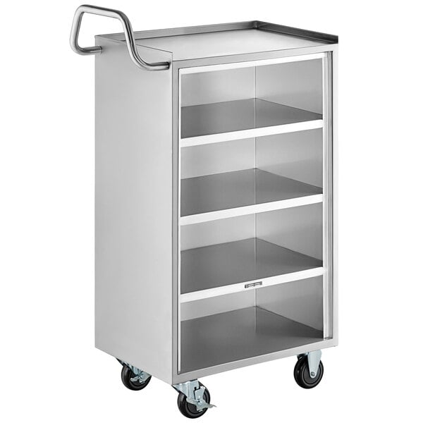 A silver 304 stainless steel utility cart with three shelves.
