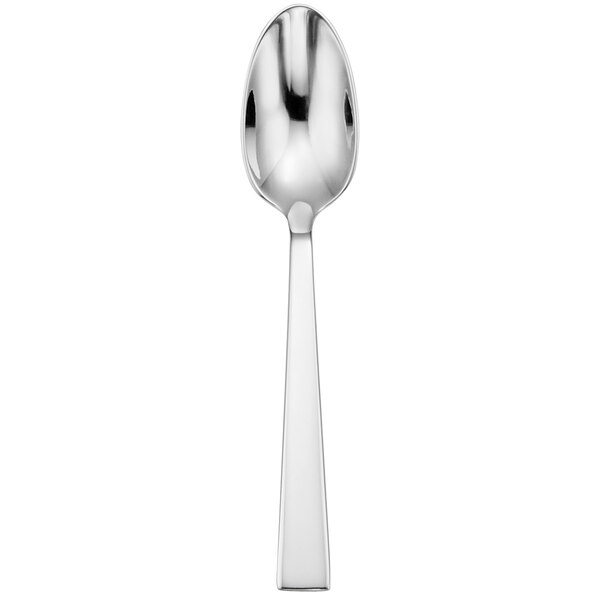 A close-up of a Sant'Andrea Fulcrum stainless steel teaspoon with a white handle.