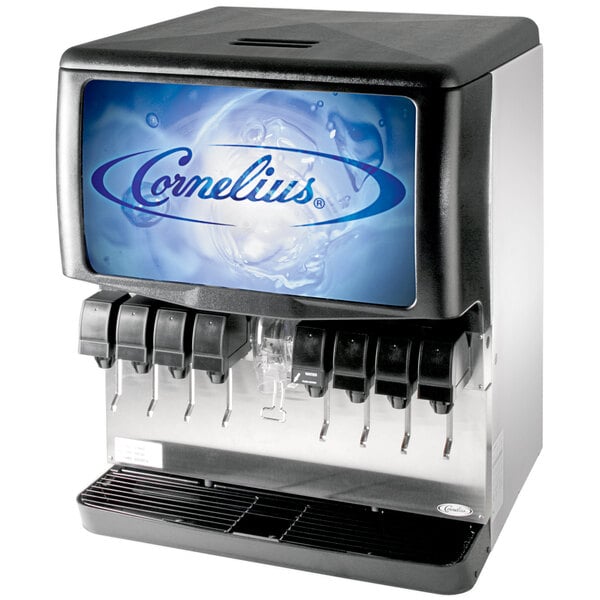 A Cornelius countertop soda fountain machine with 10 valves.