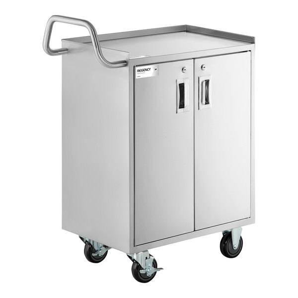 Regency 16" x 24" Four Shelf 18-Gauge 304 Stainless Steel Utility Cart with Enclosed Base and Locking Doors