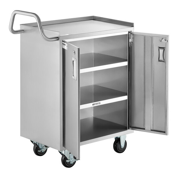 Regency 16" x 24" Four Shelf 18-Gauge 304 Stainless Steel Utility Cart with Enclosed Base and Locking Doors
