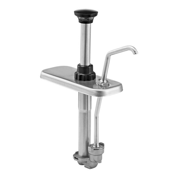 A silver stainless steel Server pump with a black handle.