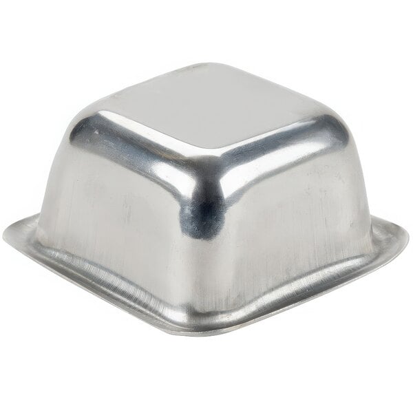 An American Metalcraft stainless steel square sauce cup with a lid.