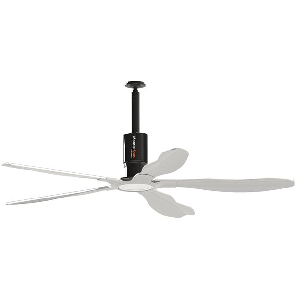 A silver commercial ceiling fan with black blades.