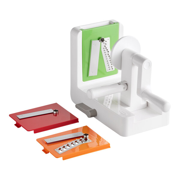 An OXO Good Grips Tabletop Spiralizer with white and green parts.