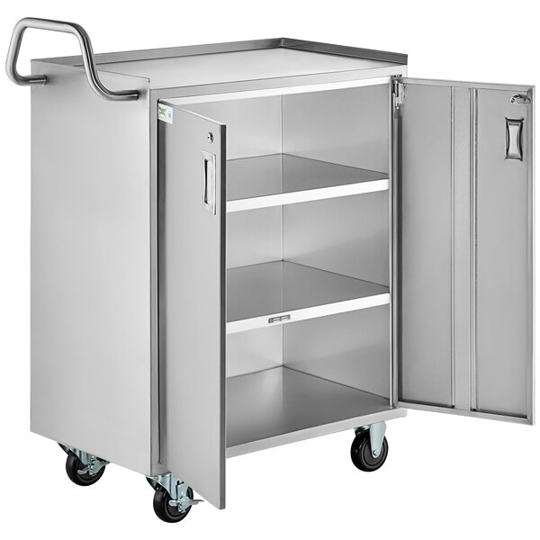 A Regency stainless steel utility cart with open doors.