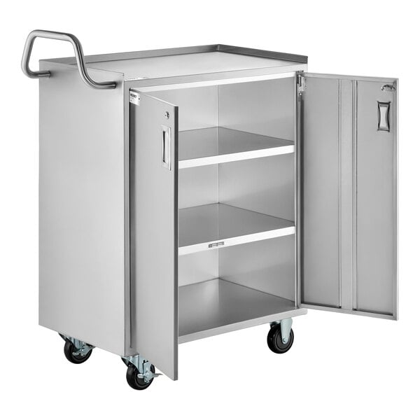 Regency 18" x 30" Four Shelf 18-Gauge 304 Stainless Steel Utility Cart with Enclosed Base and Locking Doors