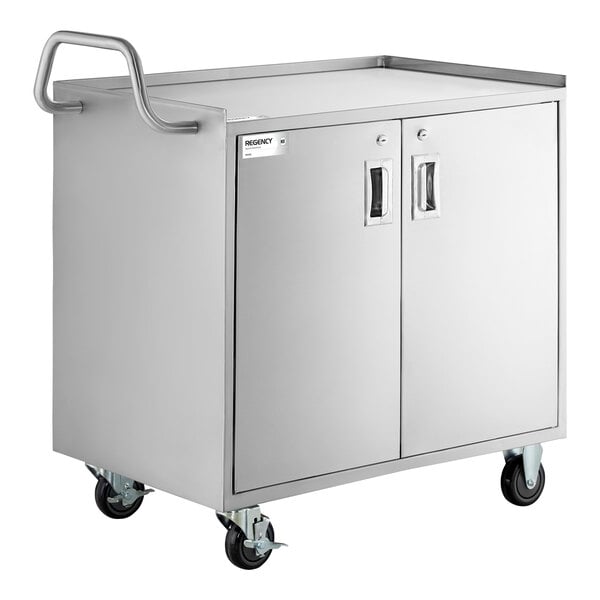 Regency 21" x 33" Three Shelf 18-Gauge 304 Stainless Steel Utility Cart with Enclosed Base and Locking Doors