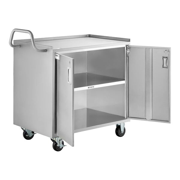 Regency 21" x 33" Three Shelf 18-Gauge 304 Stainless Steel Utility Cart with Enclosed Base and Locking Doors