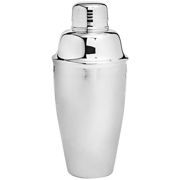 A Franmara silver Cobbler cocktail shaker with a metal lid.