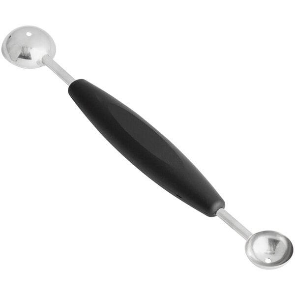 A black and silver OXO Good Grips melon baller with a handle.