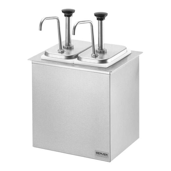 A silver stainless steel server countertop with two metal containers and pumps inside.