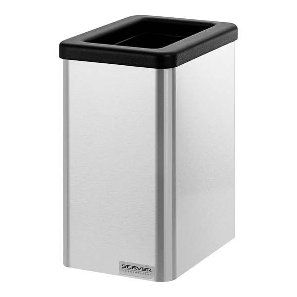 A silver rectangular stainless steel Server countertop condiment bar base with black accents.