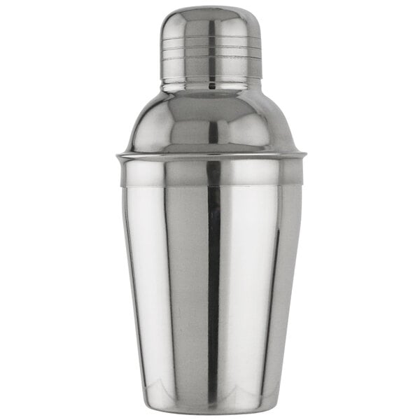 A silver stainless steel Franmara Cobbler Cocktail Shaker with a lid.