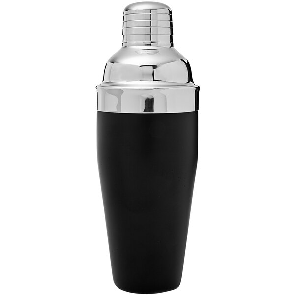 A black and silver Franmara Tavern Cobbler Cocktail Shaker.