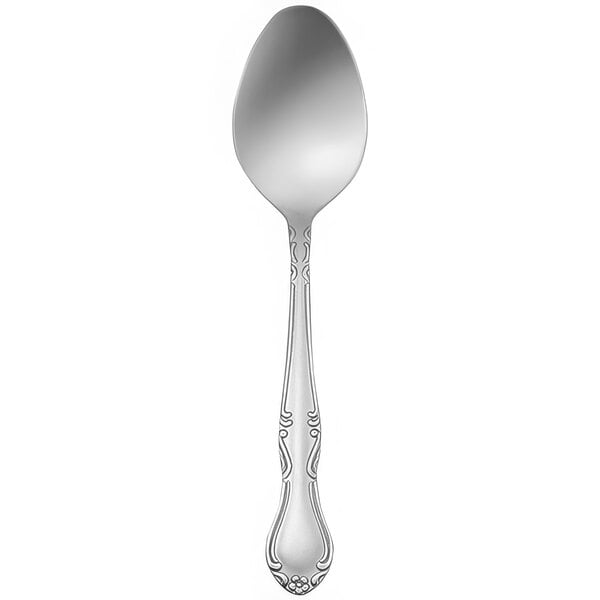 A silver Delco Melinda III oval bowl soup/dessert spoon with a design on the handle.