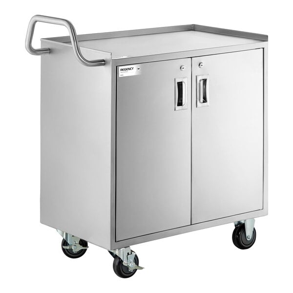 Regency 18" x 30" Three Shelf 18-Gauge 304 Stainless Steel Utility Cart with Enclosed Base and Locking Doors