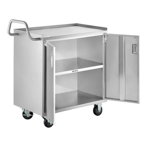 Regency 18" x 30" Three Shelf 18-Gauge 304 Stainless Steel Utility Cart with Enclosed Base and Locking Doors