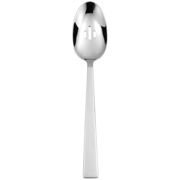 A silver stainless steel slotted serving spoon with a black handle.