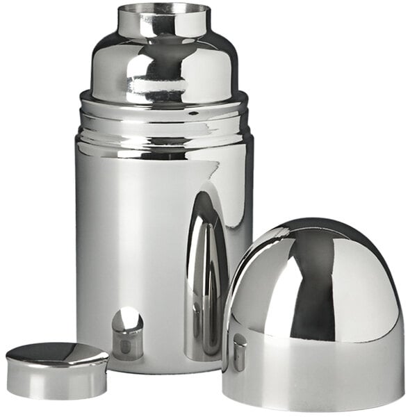 A silver stainless steel Franmara bullet cocktail shaker with a stainless steel lid.