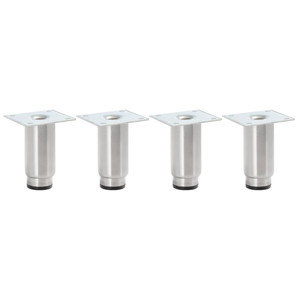 A set of silver metal adjustable legs with holes on the bottom.