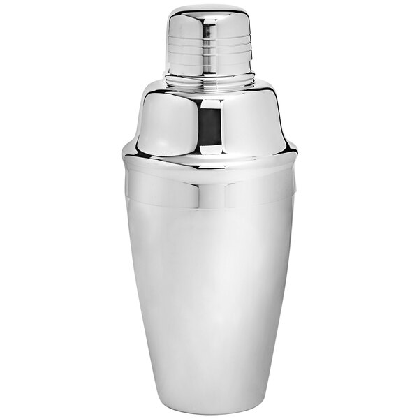A Franmara silver Cobbler cocktail shaker with a metal lid.