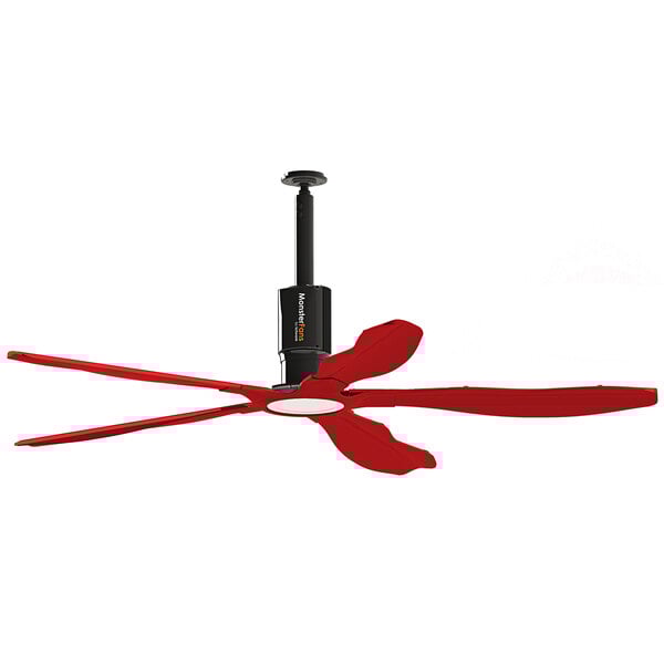 A red Schwank MonsterFans commercial ceiling fan with two black blades.