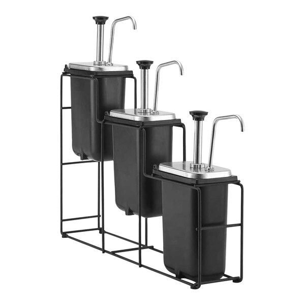 A black metal Server condiment dispenser with three stainless steel pumps over black metal containers.