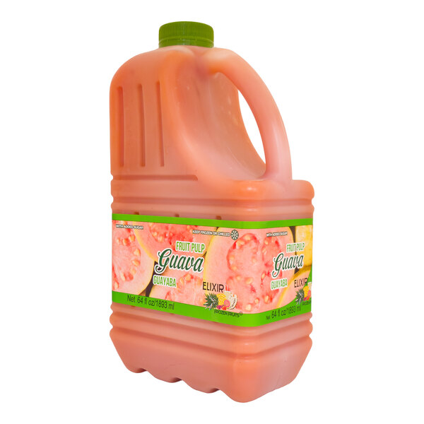 A 64 fl. oz. plastic jug of Elixir Guava Fruit Pulp with a green cap and colorful label.