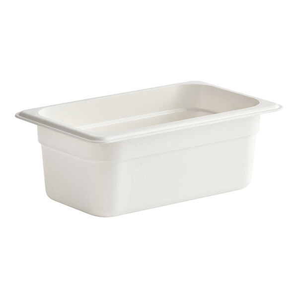 A white Cambro plastic food pan with a lid.