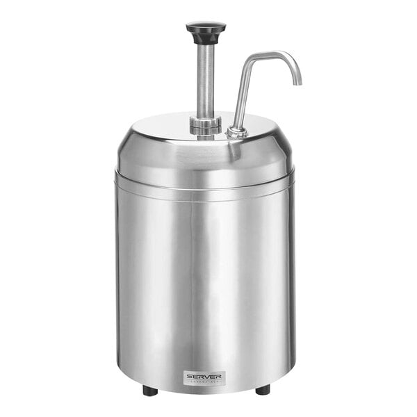 A silver stainless steel Server condiment dispenser with a lid.