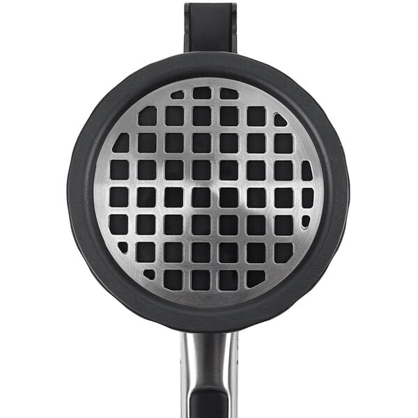 A stainless steel OXO potato ricer with a mesh screen.