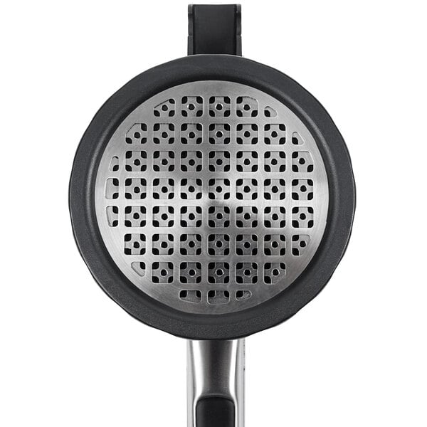 An OXO stainless steel and black plastic potato ricer with white background.