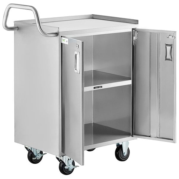 A silver Regency stainless steel utility cart with open doors.