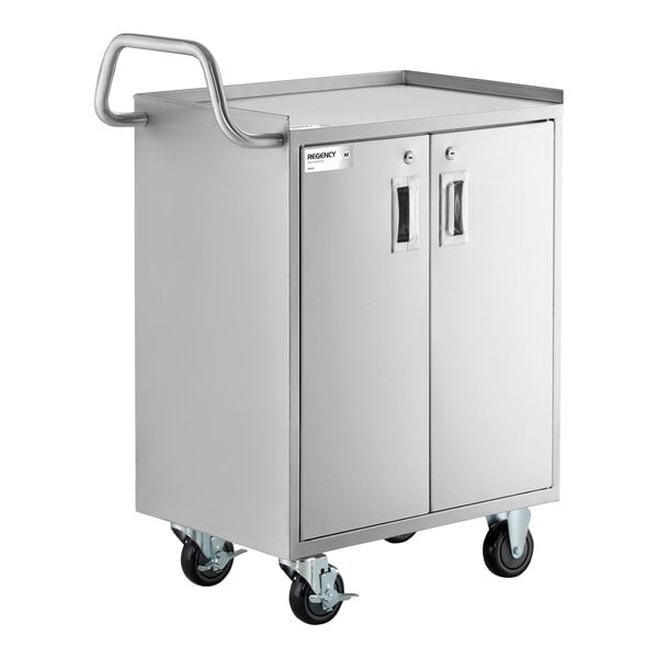 Regency 16" x 24" Three Shelf 18-Gauge 304 Stainless Steel Utility Cart with Enclosed Base and Locking Doors