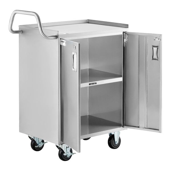 Regency 16" x 24" Three Shelf 18-Gauge 304 Stainless Steel Utility Cart with Enclosed Base and Locking Doors