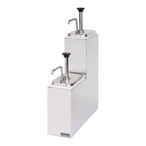 A Server stainless steel double pump dispenser with two stainless steel pumps on a counter.