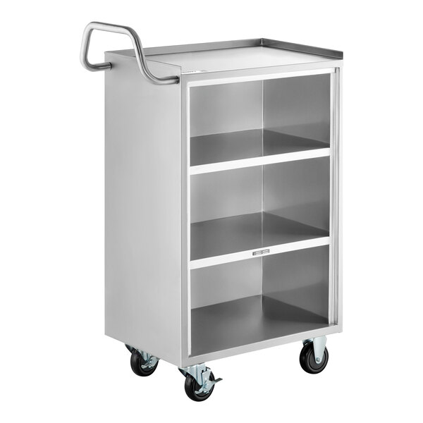 Regency 16" x 24" Four Shelf 18-Gauge 304 Stainless Steel Tall Utility Cart with Enclosed Base and Open Front