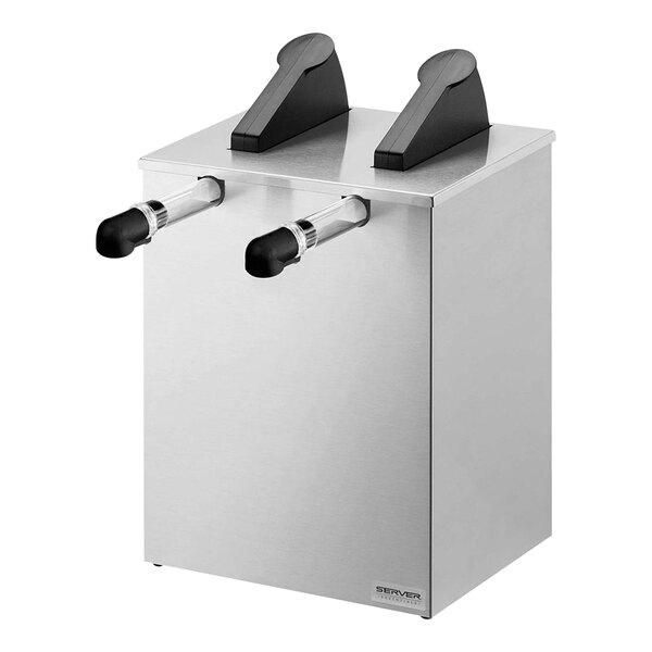 A silver rectangular stainless steel Server Express System countertop pump dispenser with black handles.